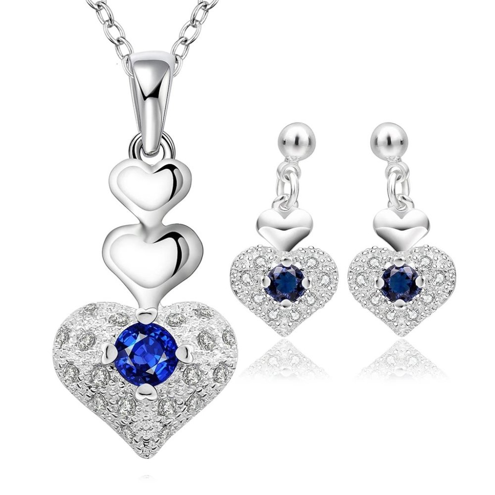 Beautiful 4 Pc Set Sapphire Heart Pendant, Earrings, & 18" Chain Sterling Silver - Picture 7 of 10